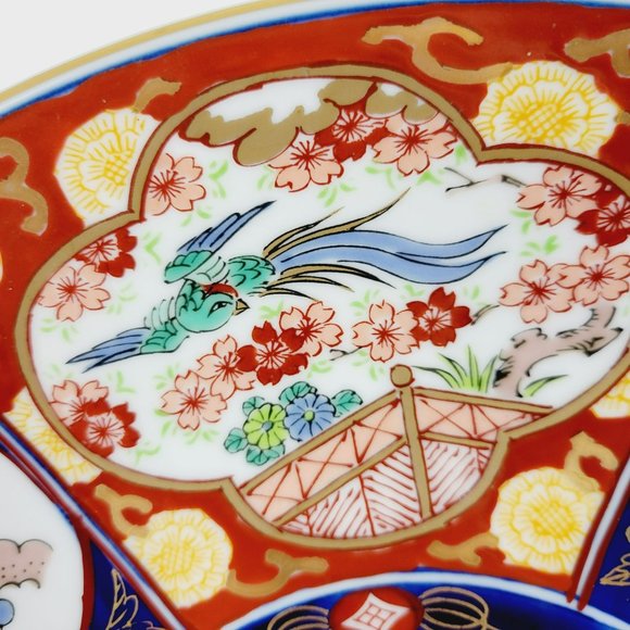 Gold Imari Hand Painted 12" Wall Plate Vintage Japanese Floral & Bird Wall Decor - Picture 3 of 11